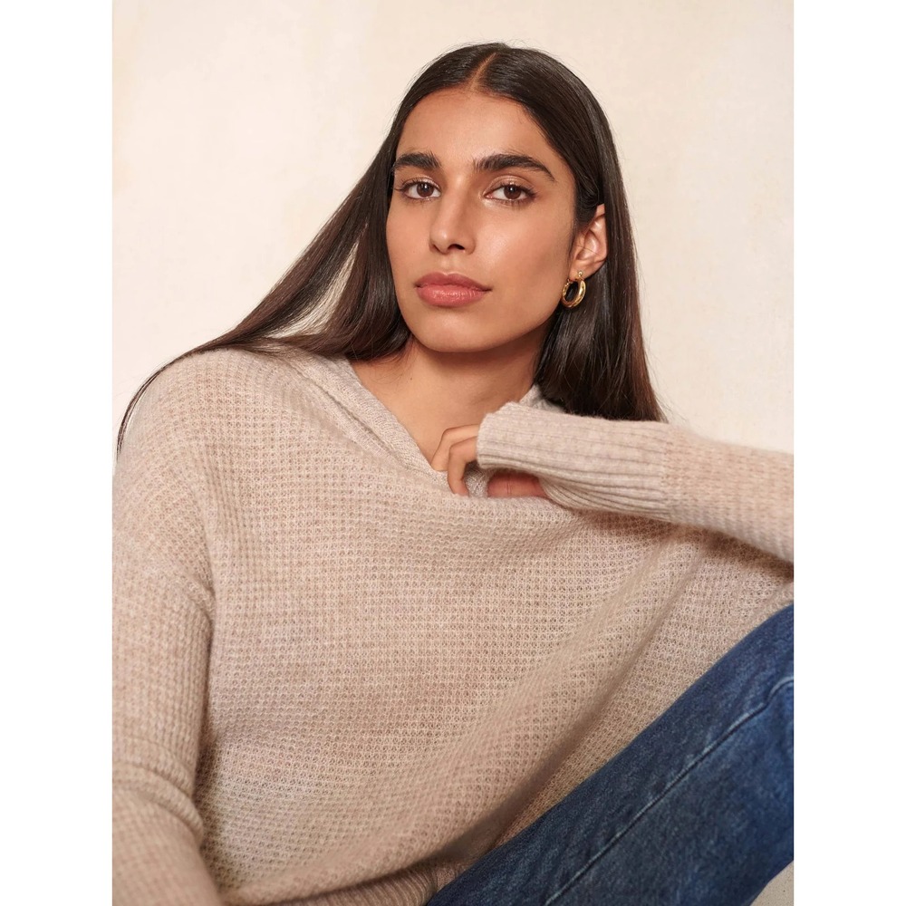 White + Warren Cashmere Sweater Oversized Waffle Hoodie Beige Sand Whisp XS $380